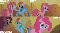 Size: 4400x2475 | Tagged: safe, edit, edited screencap, editor:quoterific, screencap, pinkie pie, rainbow dash, earth pony, pegasus, pony, g4, over a barrel, season 1, confused, duo, duo female, female, frown, hoof over mouth, mare, oblivious, open mouth, open smile, smiling, spread wings, wings
