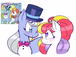 Size: 2629x1992 | Tagged: safe, artist:lemoocado, dainty dove (g2), prince proudfoot, butterfly, earth pony, pony, g2, bowtie, clothes, dress, female, flower, hat, heart, male, marriage, married couple, no pupils, ponytober, ship:daintyfoot, shipping, signature, simple background, straight, top hat, tuxedo, tuxedo's breastplate, twitter, wedding, wedding dress, white background