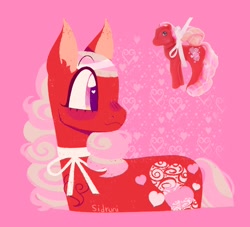 Size: 1572x1430 | Tagged: safe, artist:lemoocado, earth pony, pony, abstract background, female, heart, holiday, looking back, mare, ribbon, solo, toy, valentine's day