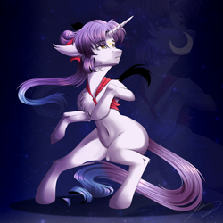 Size: 3300x3300 | Tagged: safe, artist:lunciakkk, oc, oc only, oc:yume hoshino, pony, unicorn, belly button, chest fluff, clothes, high res, moon, scarf, signature, solo, stars