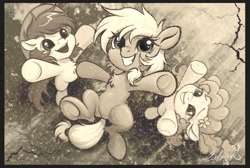 Size: 2048x1378 | Tagged: safe, alternate version, artist:paipaishuaige, applejack, bright mac, pear butter, earth pony, pony, g4, brightabetes, buttercup, chest fluff, cute, daaaaaaaaaaaw, father and child, father and daughter, female, filly, filly applejack, flower, flower in hair, foal, grin, happy, hat, jackabetes, male, mare, monochrome, mother and child, mother and daughter, pearabetes, smiling, stallion, weapons-grade cute, younger