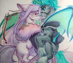 Size: 2048x1766 | Tagged: safe, artist:paipaishuaige, oc, oc only, bat pony, pony, chest fluff, clothes, female, jacket, male, mare, slit pupils, stallion, straight, traditional art