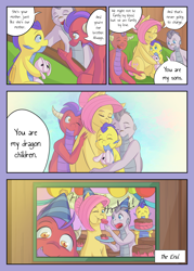 Size: 2591x3624 | Tagged: safe, artist:mustachedbain, fluttershy, oc, oc:august, oc:ixion, oc:rex, dragon, pegasus, pony, comic:my dragon children, g4, adopted offspring, alternate hairstyle, cake, comic, dragon oc, family, female, fluttermom, food, high res, hug, mare, non-pony oc, parent:fluttershy