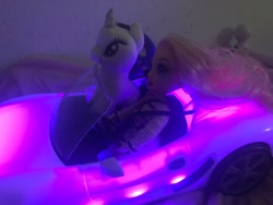 Size: 2048x1536 | Tagged: safe, artist:user15432, rarity, human, pony, unicorn, g4, barely pony related, bedroom, bella parker, car, car ride, crossover, doll, driving, irl, light, photo, plushie, rainbow high, riding, toy