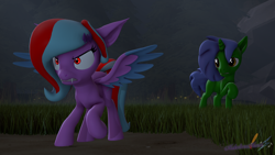 Size: 3840x2160 | Tagged: safe, artist:melodismol, oc, oc:omega(phosphorshy), oc:star beats, pegasus, pony, unicorn, 3d, angry, fangs, glowing, glowing eyes, grass, high res, melodiphosphor, night, oc x oc, protecting, shipping, source filmmaker, spread wings, wings, worried