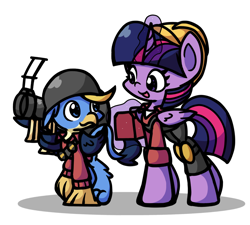 Size: 1520x1371 | Tagged: safe, artist:derp pone, gallus, twilight sparkle, alicorn, griffon, pony, g4, clothes, criatures fortress 2, cute, duo, engineer, engineer (tf2), glowing, glowing horn, helmet, horn, looking at each other, looking at someone, rocket launcher, simple background, smiling, soldier, soldier (tf2), team fortress 2, twilight sparkle (alicorn), video game, weapon, white background