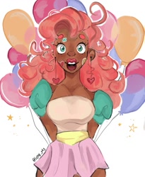 Size: 982x1200 | Tagged: safe, pinkie pie, human, g4, balloon, blacktober, dark skin, ear piercing, earring, humanized, jewelry, piercing, pink hair, sticker