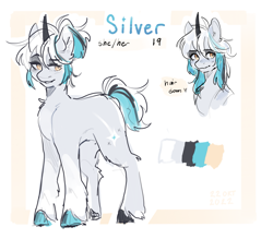 Size: 2525x2216 | Tagged: safe, artist:itssilver, oc, oc only, oc:silver, pony, unicorn, character design, eyebrows, eyebrows visible through hair, high res, horn, reference sheet, sketch, unicorn oc, unshorn fetlocks