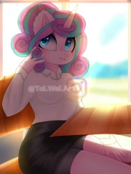 Size: 1500x2000 | Tagged: safe, artist:taiweiart, princess flurry heart, alicorn, anthro, g4, clothes, crystal empire, desk, ear fluff, obtrusive watermark, older, older flurry heart, school, shirt, skirt, solo, watermark, wingless, wingless alicorn, wingless anthro