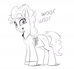 Size: 2412x2268 | Tagged: safe, artist:taneysha, screw loose, earth pony, pony, g4, barking, behaving like a dog, female, high res, mare, monochrome, simple background, solo, white background, woof