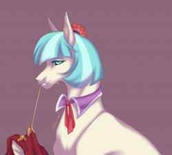 Size: 1280x1151 | Tagged: safe, artist:clouris, coco pommel, earth pony, pony, g4, female, hoers, mouth hold, sewing, sewing needle, simple background, solo, thread