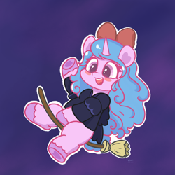 Size: 1936x1936 | Tagged: dead source, safe, artist:limitmj, izzy moonbow, pony, unicorn, g5, bow, broom, clothes, crossover, cute, dark background, female, hair bow, happy, izzybetes, kiki, kiki's delivery service, mare, open mouth, open smile, purple background, signature, simple background, smiling, solo, unshorn fetlocks, witch, witch costume