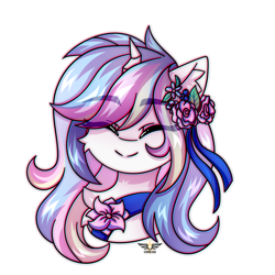 Size: 2500x2500 | Tagged: safe, artist:stesha, oc, oc only, oc:lorelei, pony, unicorn, bust, chest fluff, commission, cute, eye clipping through hair, eyebrows, eyebrows visible through hair, eyes closed, female, flower, flower in hair, full face view, hairpin, happy, high res, horn, mare, multicolored mane, portrait, simple background, smiling, solo, unicorn oc, white background, ych result