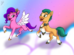 Size: 1024x768 | Tagged: safe, artist:amandascxd, hitch trailblazer, pipp petals, earth pony, pegasus, pony, g5, duo, female, male, mare, stallion