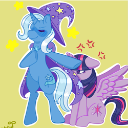 Size: 693x692 | Tagged: safe, artist:scaredkoi, trixie, twilight sparkle, alicorn, pony, unicorn, g4, bipedal, cross-popping veins, duo, emanata, eyes closed, female, inconvenient trixie, simple background, twilight sparkle (alicorn), twilight sparkle is not amused, unamused