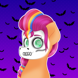 Size: 800x800 | Tagged: safe, artist:viviandpurplevivi, sunny starscout, bat, earth pony, pony, g5, clothes, costume, female, make-up, mane stripe sunny, night, skull, solo