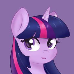 Size: 1024x1024 | Tagged: safe, ai assisted, ai content, artist:sparkfler85, generator:thisponydoesnotexist, part of a set, twilight sparkle, pony, unicorn, g4, ai interpretation, bust, cute, female, looking at you, mare, open mouth, portrait, purple background, redraw, reference in the description, simple background, solo
