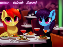 Size: 2048x1536 | Tagged: safe, ai assisted, ai content, artist:darbarri, generator:stable diffusion, oc, oc only, earth pony, pegasus, pony, blushing, chest fluff, duo, fluffy, heart collar, looking at you, restaurant, sitting at table, smiling, smiling at you