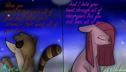 Size: 640x365 | Tagged: safe, artist:mordorigs, pinkie pie, earth pony, pony, raccoon, g4, crossover, crossover shipping, evanescence, eyes closed, female, male, mare, pinkamena diane pie, regular show, rigby (regular show), rigbypie, shipping, straight, subverted meme, text