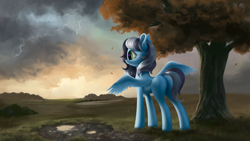 Size: 4000x2250 | Tagged: safe, artist:flusanix, oc, oc only, oc:buffonsmash, pegasus, pony, autumn, butt, commission, digital art, eye lashes, female, field, grass, grass field, green eyes, leaves, lightning, looking away, mare, painting, plot, rain, rule 63, scenery, solo, spread wings, stormy, thunder, tree, wings, ych example, ych result