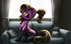Size: 4000x2500 | Tagged: safe, artist:flusanix, luster dawn, pony, unicorn, g4, clothes, couch, curtains, cute, female, mare, pillow, sitting, socks, solo, window