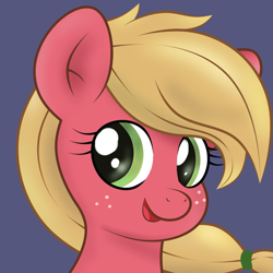 Size: 1024x1024 | Tagged: safe, ai assisted, ai content, artist:sparkfler85, generator:thisponydoesnotexist, part of a set, big macintosh, earth pony, pony, g4, ai interpretation, bust, cute, facial freckles, female, freckles, looking at you, macareina, mare, open mouth, open smile, portrait, redraw, reference in the description, rule 63, simple background, smiling, smiling at you, solo, violet background