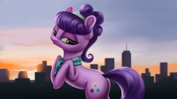 Size: 4000x2250 | Tagged: safe, artist:flusanix, suri polomare, earth pony, pony, g4, butt, city, clothes, female, mare, plot, rearing, scarf, sky, solo