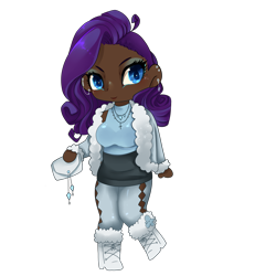 Size: 4000x4000 | Tagged: safe, artist:altarichiru, rarity, human, g4, alternate hairstyle, boots, breasts, busty rarity, chibi, clothes, coat, cute, dark skin, ear piercing, earring, eyeshadow, female, fur coat, humanized, jewelry, leggings, makeup, necklace, piercing, purse, raribetes, shoes, simple background, skirt, sleeveless, sleeveless sweater, solo, sweater, transparent background, winter