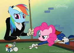 Size: 597x427 | Tagged: safe, artist:datbrass, artist:dipi11, edit, edited screencap, screencap, pinkie pie, rainbow dash, bird, buzzard, earth pony, pegasus, pony, woodpecker, g4, ball, boomerang, buzz buzzard, concentrating, crossover, cue ball, cue the pool shark, cute, dashabetes, diapinkes, duo, female, indoors, male, mare, pool cue, pool table, the new woody woodpecker show, woody woodpecker, woody woodpecker (series)