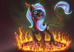 Size: 1280x904 | Tagged: safe, artist:mystic2u, oc, oc:obabscribbler, demon, demon pony, pony, demon horns, fangs, female, fire, horns, jewelry, magic, magic circle, smiling, smoke, solo, summoning circle