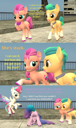 Size: 1920x3240 | Tagged: safe, artist:red4567, hitch trailblazer, izzy moonbow, sunny starscout, zipp storm, earth pony, pegasus, pony, unicorn, g5, 3d, both cutie marks, butt, cartwheel, comic, cute, female, hitchbetes, izzy impaling things, izzy moonbutt, male, mare, plot, source filmmaker, stallion, stuck, sunnybetes, unicorn problems, unshorn fetlocks, worried