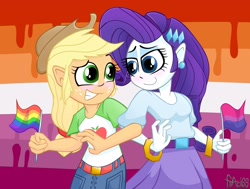 Size: 2280x1720 | Tagged: safe, artist:fraciss, applejack, rarity, human, equestria girls, g4, bisexual pride flag, blushing, duo, duo female, female, lesbian, pride, pride flag, ship:rarijack, shipping