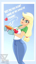 Size: 1992x3531 | Tagged: safe, artist:theretroart88, applejack, human, equestria girls, g4, apple, apple pie, applejack day, big breasts, breasts, bronybait, busty applejack, clothes, cute, female, food, freckles, high res, jackabetes, looking at you, open mouth, open smile, pants, pie, smiling, solo, talking to viewer, thighs, wide hips