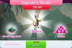 Size: 1268x844 | Tagged: safe, gameloft, discord, draconequus, g4, bundle, bush, bushy brows, chaise, costs real money, english, gem, horns, legendary bundle, male, numbers, sale, text, tooth, wings