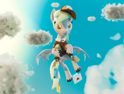 Size: 3368x2560 | Tagged: safe, artist:featray, derpy hooves, pegasus, pony, g4, 3d, blender, blender cycles, box, cloud, high res, letter, mailmare uniform, sky, solo, unshorn fetlocks