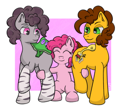 Size: 1872x1630 | Tagged: safe, artist:single purpose, boneless, cheese sandwich, gummy, pinkie pie, oc, oc:mercury_gray, alligator, earth pony, hybrid, pony, zony, g4, couple, eyes closed, faceful of ass, female, fluffy mane, fluffy tail, gradient legs, happy, hug, leg stripes, looking at someone, looking back, male, mare, married, married couple, mercheese, mercurinkie, polyamory, rubber chicken, ship:cheesepie, shipping, smiling, smirk, stallion, straight, stripes, tail, zony oc