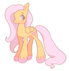 Size: 658x676 | Tagged: safe, artist:fluttershyes, fluttershy, pegasus, pony, g2, g4, blushing, colored hooves, female, folded wings, g4 to g2, generation leap, looking at you, mare, pink hooves, simple background, smiling, smiling at you, solo, standing, style emulation, three quarter view, unshorn fetlocks, white background, wingding eyes, wings