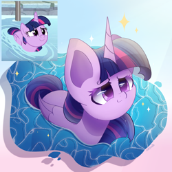 Size: 2400x2400 | Tagged: safe, artist:miryelis, screencap, twilight sparkle, alicorn, pony, deep tissue memories, g4, spoiler:deep tissue memories, big ears, cute, high res, horn, impossibly large ears, scene interpretation, screencap reference, simple background, smiling, solo, sparkles, swimming, twiabetes, twilight sparkle (alicorn), water