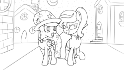 Size: 1920x1080 | Tagged: safe, artist:spritepony, trixie, oc, oc only, oc:sprite, oc:understudy, alicorn, earth pony, pony, mlp fim's twelfth anniversary, abdl, alicorn oc, cape, clothes, costume, diaper, diaper fetish, duo, duo female, earth pony oc, female, fetish, halloween, halloween costume, hat, holiday, horn, lineart, mask, nightmare night, non-baby in diaper, oc x oc, open mouth, open smile, phantom of the opera, poofy diaper, shipping, sketch, smiling, trixie's cape, trixie's hat, walking, wings
