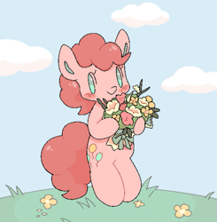 Size: 597x610 | Tagged: safe, artist:fluttershyes, pinkie pie, earth pony, pony, g4, blushing, bouquet, chibi, cloud, female, flower, grass, holding, looking at you, no pupils, outdoors, solo, standing