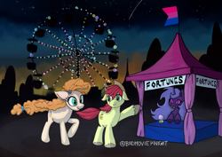 Size: 3496x2480 | Tagged: oc name needed, safe, bright mac, pear butter, oc, g4, the perfect pear, autumn, bisexual pride flag, carnival, female, ferris wheel, high res, male, pride, pride flag, ship:brightbutter, shipping, straight, sunset