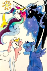 Size: 640x973 | Tagged: safe, artist:nomnomgator, nightmare moon, princess celestia, princess luna, alicorn, pony, g4, crown, crying, duo, duo female, ethereal mane, female, jewelry, mare, marker, marker drawing, necklace, pink-mane celestia, reddit, regalia, royal sisters, s1 luna, siblings, simple background, sisters, traditional art, wrong eye color
