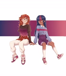 Size: 3584x4096 | Tagged: safe, artist:evelili, sci-twi, sunset shimmer, twilight sparkle, human, equestria girls, g4, clothes, converse, dark skin, duo, duo female, female, flannel shirt, glasses, holding hands, human coloration, jewelry, lesbian, light skin, necklace, ship:sci-twishimmer, ship:sunsetsparkle, shipping, shoes, shorts, smiling, sneakers, socks