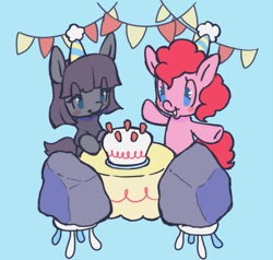 Size: 999x950 | Tagged: safe, artist:fluttershyes, maud pie, pinkie pie, earth pony, pony, g4, birthday cake, birthday party, blue background, blush sticker, blushing, cake, decoration, duo, female, food, hat, mare, open mouth, open smile, party, party decorations, party hat, pie sisters, rock, siblings, simple background, sisters, smiling, stool, table