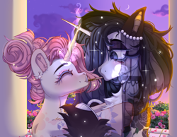 Size: 3600x2800 | Tagged: safe, artist:medkit, oc, oc only, pony, unicorn, blushing, cloud, collar, couple, crescent moon, duo, ear piercing, earring, fangs, female, flower, food, high res, horn, jewelry, long horn, male, moon, paint tool sai 2, pavilion, petals, piercing, pocky, rose, rose garden, sketch, sky, smiling, stallion, stars, sunset, tattoo, tree
