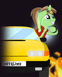 Size: 1553x1920 | Tagged: safe, artist:grapefruit-face, oc, oc only, oc:limey lulamoon, back to the future, base used, car, clothes, crossover, limey lulamoon, marty mcfly, offspring, parent:oc:grapefruit face, parent:trixie, parents:canon x oc, parents:grapexie, pun, rover sd1, smiling