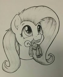 Size: 1062x1280 | Tagged: safe, artist:whiskeypanda, fluttershy, oc, oc:anon, pegasus, pony, g4, cute, doll, ear fluff, ink drawing, looking up, monochrome, mouth hold, shyabetes, solo, toy, traditional art