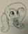 Size: 1062x1280 | Tagged: safe, artist:whiskeypanda, fluttershy, oc, oc:anon, pegasus, pony, g4, cute, doll, ear fluff, ink drawing, looking up, monochrome, mouth hold, shyabetes, solo, toy, traditional art