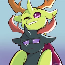Size: 4000x4000 | Tagged: safe, artist:paintedsnek, pharynx, thorax, changedling, changeling, g4, brothers, changedling brothers, commissioner:navelcolt, cute, king thorax, male, piggyback ride, pony hat, prince pharynx, riding, siblings, thorabetes, thorax riding pharynx, unamused