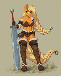 Size: 1600x2000 | Tagged: safe, artist:asimos, applejack, earth pony, anthro, plantigrade anthro, abs, absolute cleavage, armor, barbarian, barbarianjack, battle bikini, beige background, belly button, boots, braid, braided tail, breasts, brown background, busty applejack, cleavage, clothes, fantasy class, female, giant sword, greatsword, hair braid, mare, midriff, shoes, simple background, smiling, socks, solo, sword, tail, thigh boots, thigh highs, unconvincing armor, weapon, windswept mane